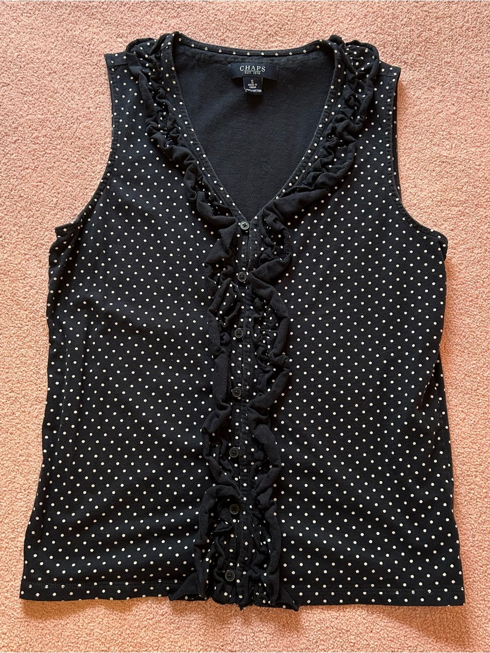 CHAPS Navy Blue Polka Dot Ruffle V-Neck Sleeveless Top